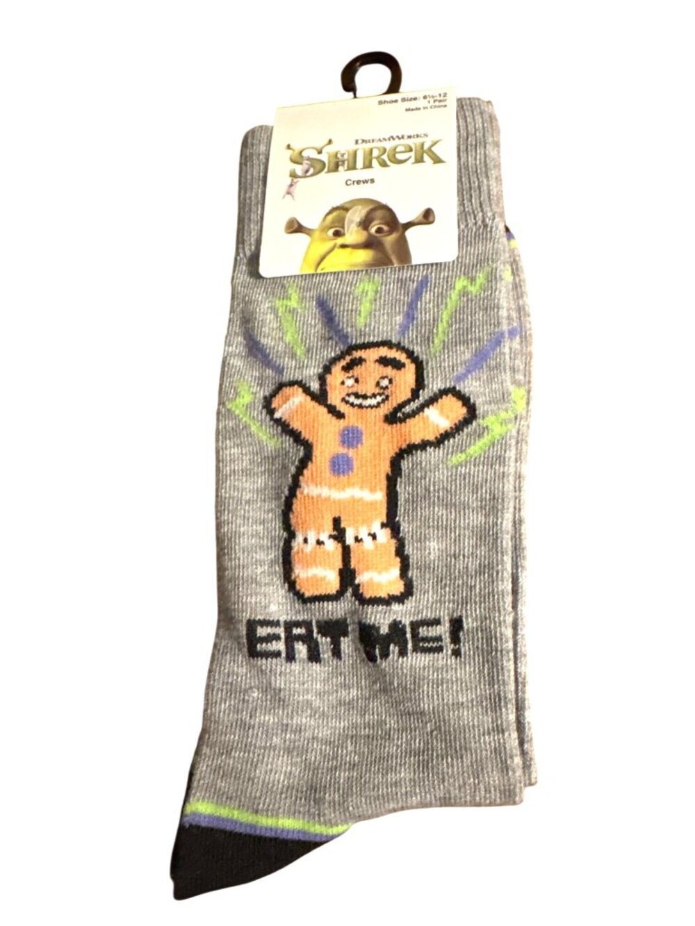 Unisex DreamWorks Shrek Crew Socks Gray Gingerbread Man Eat Me Design Sz 6.5-12